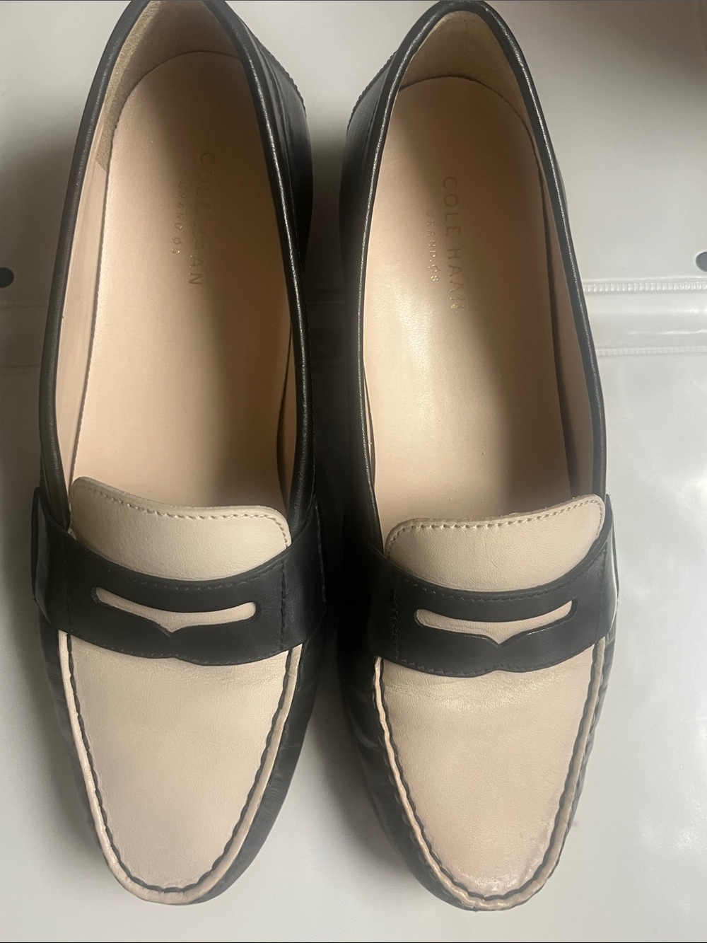 Cole Haan Black and Cream Leather Penny Loafers